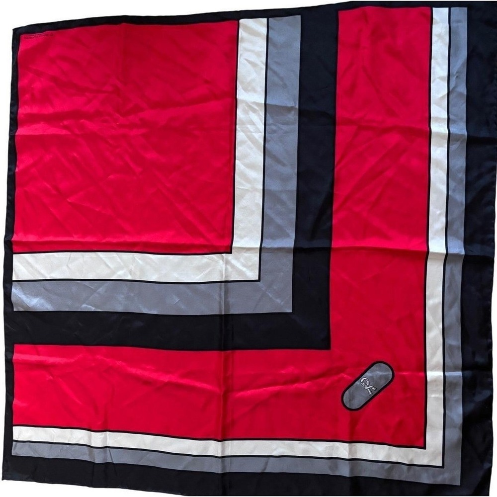 Vintage Roberta di Camerino Silk Scarf Red Black White Grey Geometric Logo